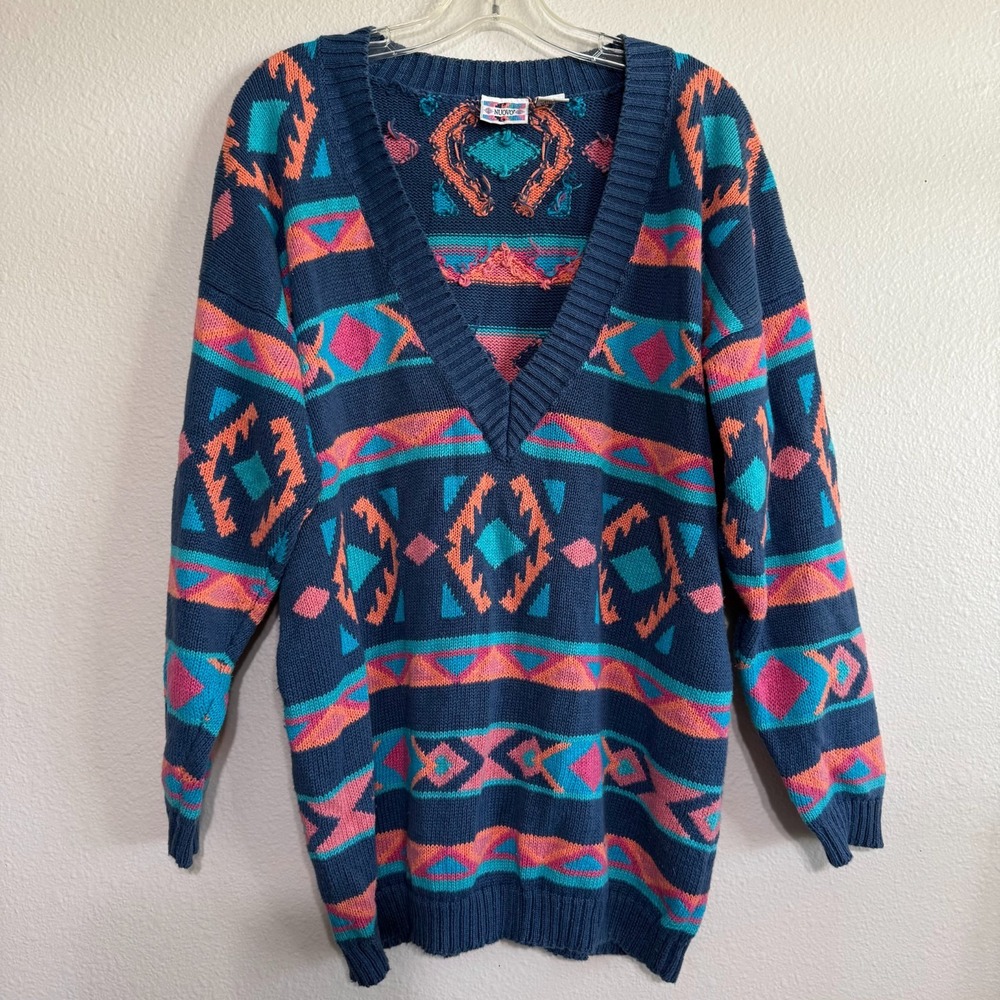 Vintage Nuovo Aztec Sweater Women's Medium Blue‎ Tribal Southwestern Knit V-Neck